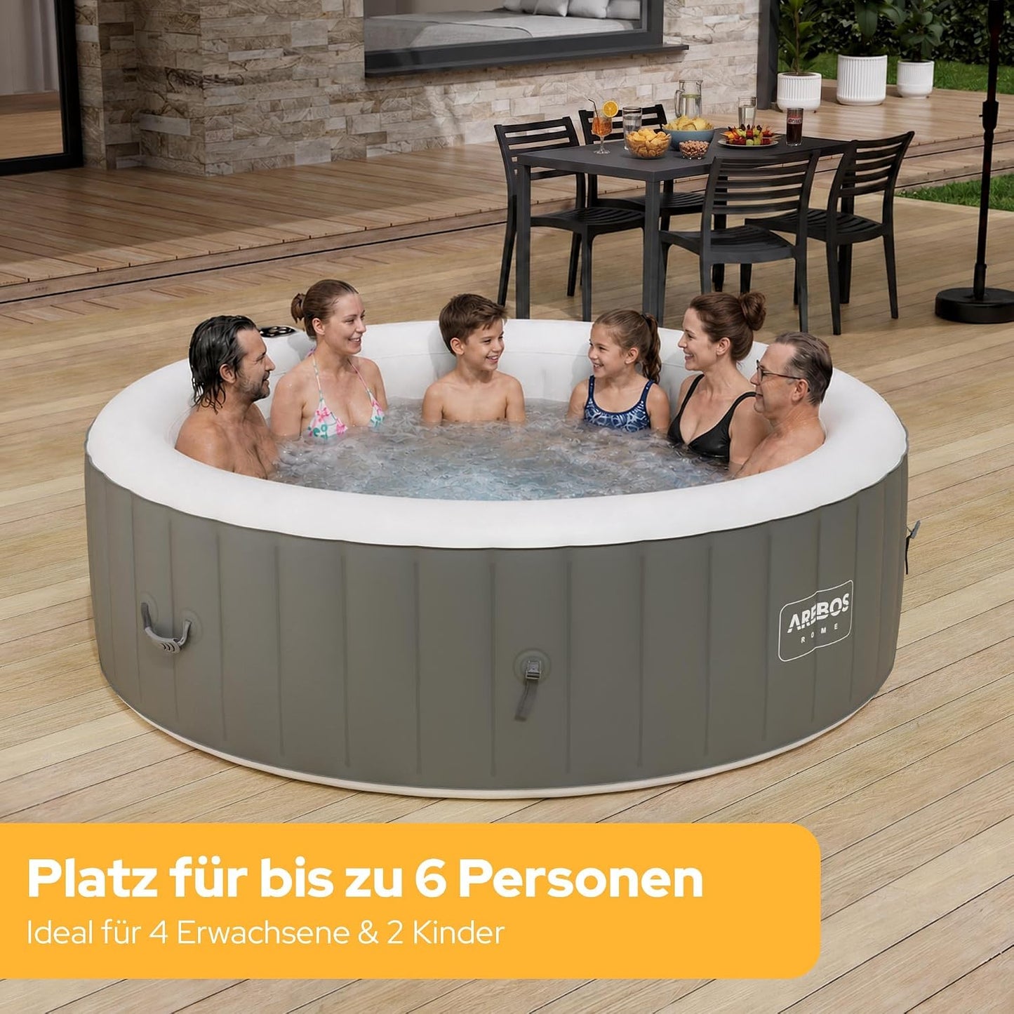 Arebos Whirlpool | aufblasbar | In- & Outdoor | 6 Personen | ⌀ 208 cm | 130 Massagedüsen | mit Heizung | 1.000 Liter | Inkl. Abdeckung | Bubble Spa & Wellness Massage