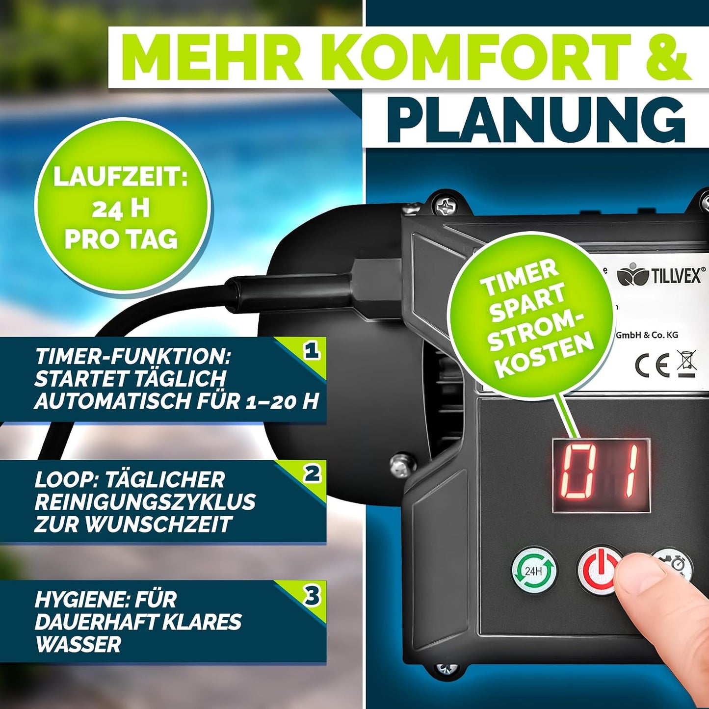 tillvex® Sandfilteranlage Pool 7.900L/h + 400g Filterbälle & 7-Wege Ventil | Filteranlage mit 2in1 Adapter Ø32 - 38mm | Sandfilter Poolfilteranlage Selbstansaugend | Poolfilter mit Druckanzeige & Pumpe