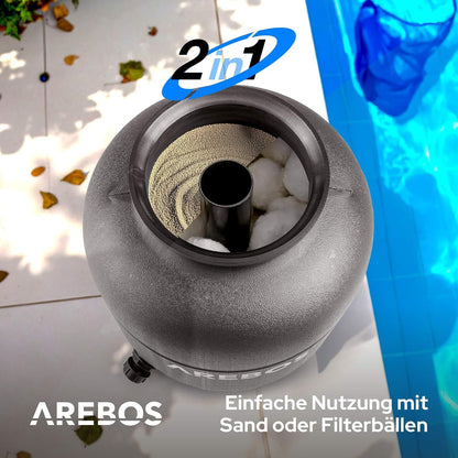 Arebos Sandfilteranlage mit Pumpe inkl. 600g Filterbälle | 350W | 9500 L/h | Tankvolumen bis zu 20 kg Sand | 7 - Wege Ventil mit Griff | mit Druckmanometer | Poolfilter | Blau