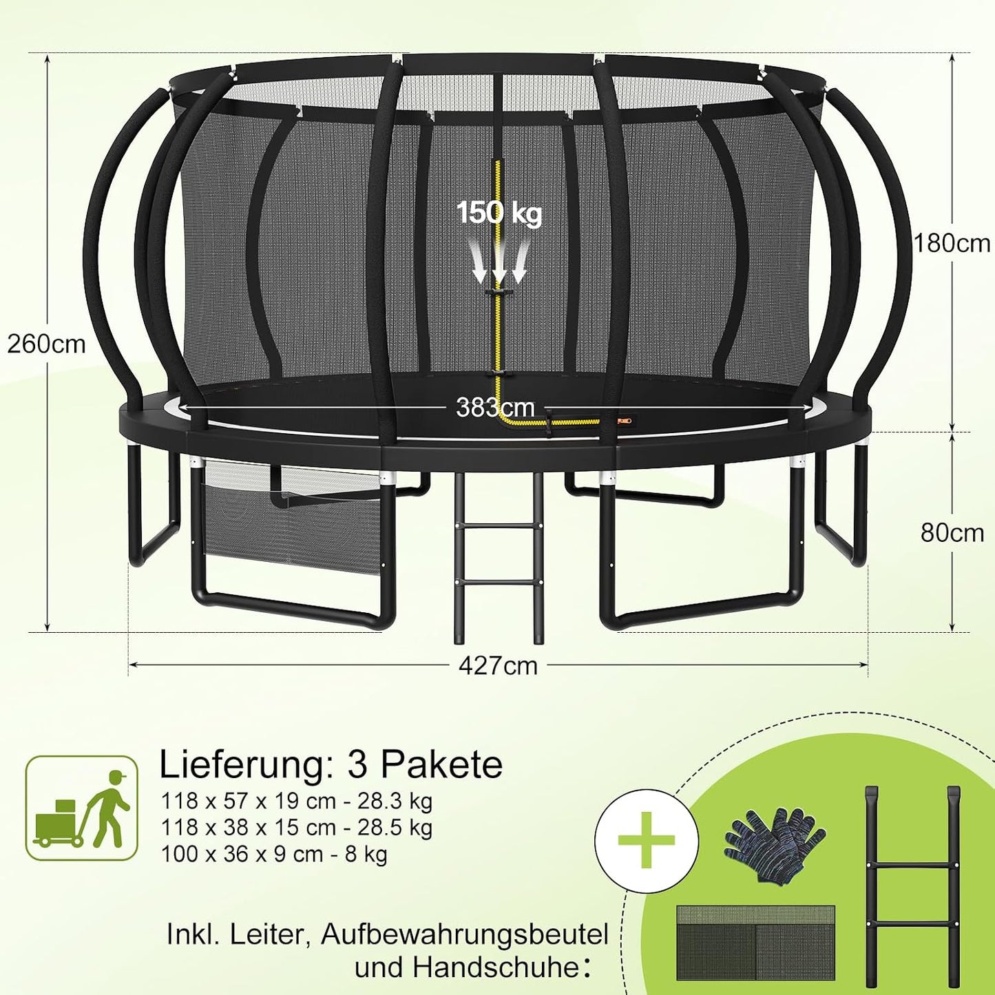 Devoko Trampolin Outdoor Ø 228/305/366/427/488 cm, GS-Zertifikat, Kindertrampolin Gartentrampolin mit Sicherheitsnetz, Rundes Riesentrampolin mit Leiter und Schuhbeutel