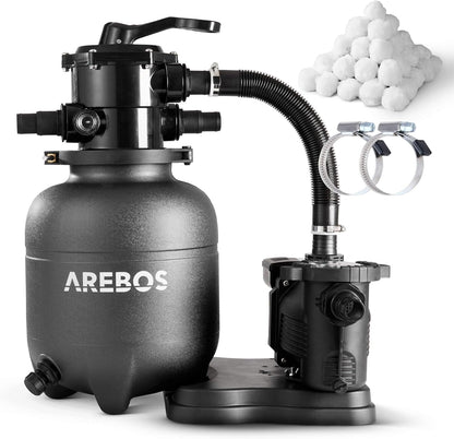 Arebos Sandfilteranlage mit Pumpe inkl. 600g Filterbälle | 350W | 9500 L/h | Tankvolumen bis zu 20 kg Sand | 7 - Wege Ventil mit Griff | mit Druckmanometer | Poolfilter | Blau