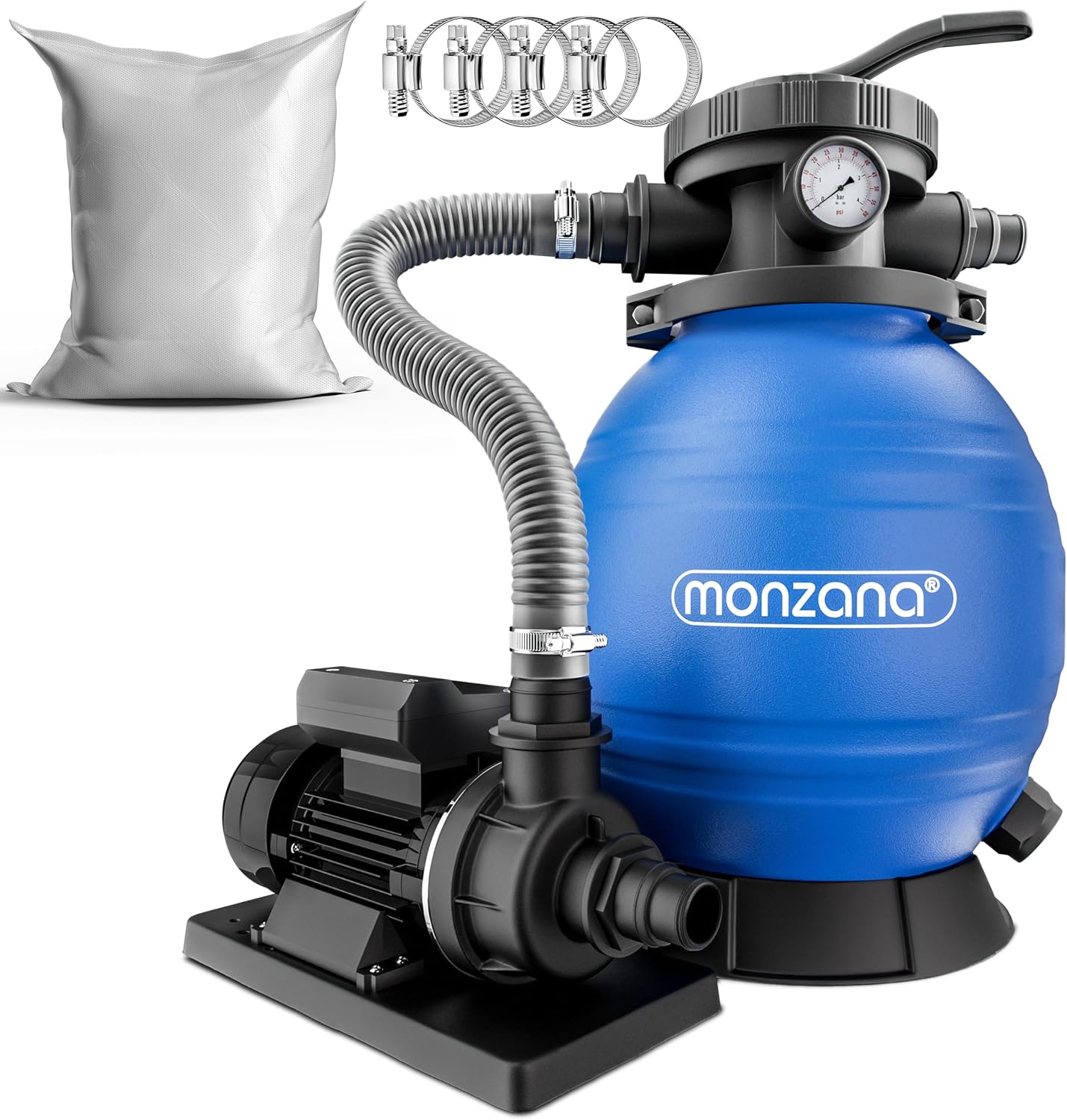 MONZANA Sandfilteranlage SF96K 9.600L/h bis 30.000L Pool | inkl. 1kg Filterbälle, 7 Wege Ventil, 2in1 Adapter, Ø32-38mm, 450W Filteranlage, Pumpe, Filterkessel, 25 Liter Tank