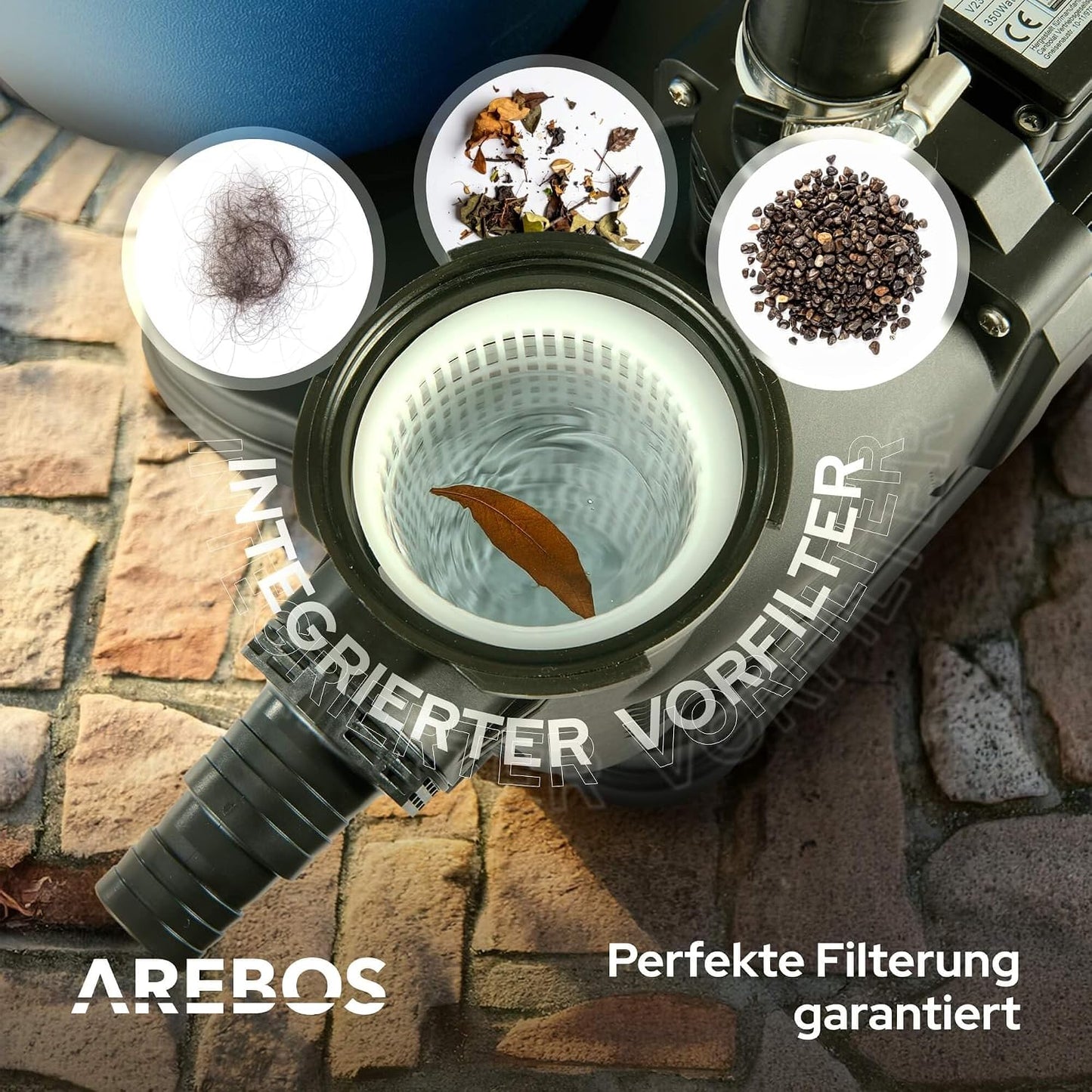 Arebos Sandfilteranlage mit Pumpe inkl. 600g Filterbälle | 350W | 9500 L/h | Tankvolumen bis zu 20 kg Sand | 7 - Wege Ventil mit Griff | mit Druckmanometer | Poolfilter | Blau