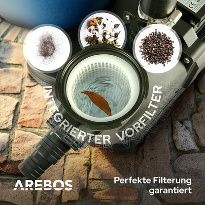 Arebos Sandfilteranlage mit Pumpe inkl. 600g Filterbälle | 350W | 9500 L/h | Tankvolumen bis zu 20 kg Sand | 7 - Wege Ventil mit Griff | mit Druckmanometer | Poolfilter | Blau