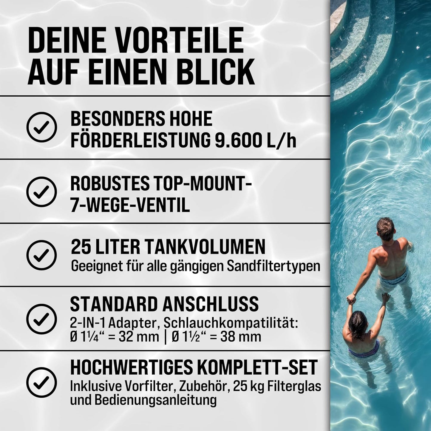 MONZANA Sandfilteranlage SF96K 9.600L/h bis 30.000L Pool | inkl. 1kg Filterbälle, 7 Wege Ventil, 2in1 Adapter, Ø32-38mm, 450W Filteranlage, Pumpe, Filterkessel, 25 Liter Tank