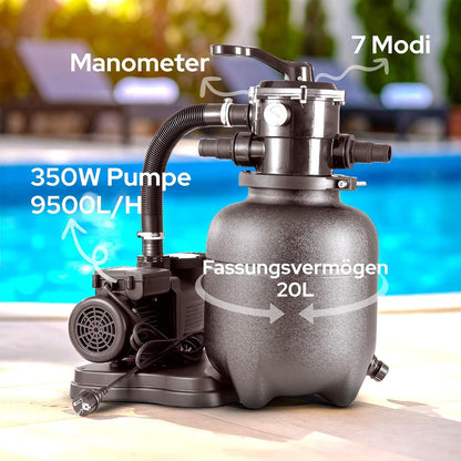 Arebos Sandfilteranlage mit Pumpe inkl. 600g Filterbälle | 350W | 9500 L/h | Tankvolumen bis zu 20 kg Sand | 7 - Wege Ventil mit Griff | mit Druckmanometer | Poolfilter | Blau
