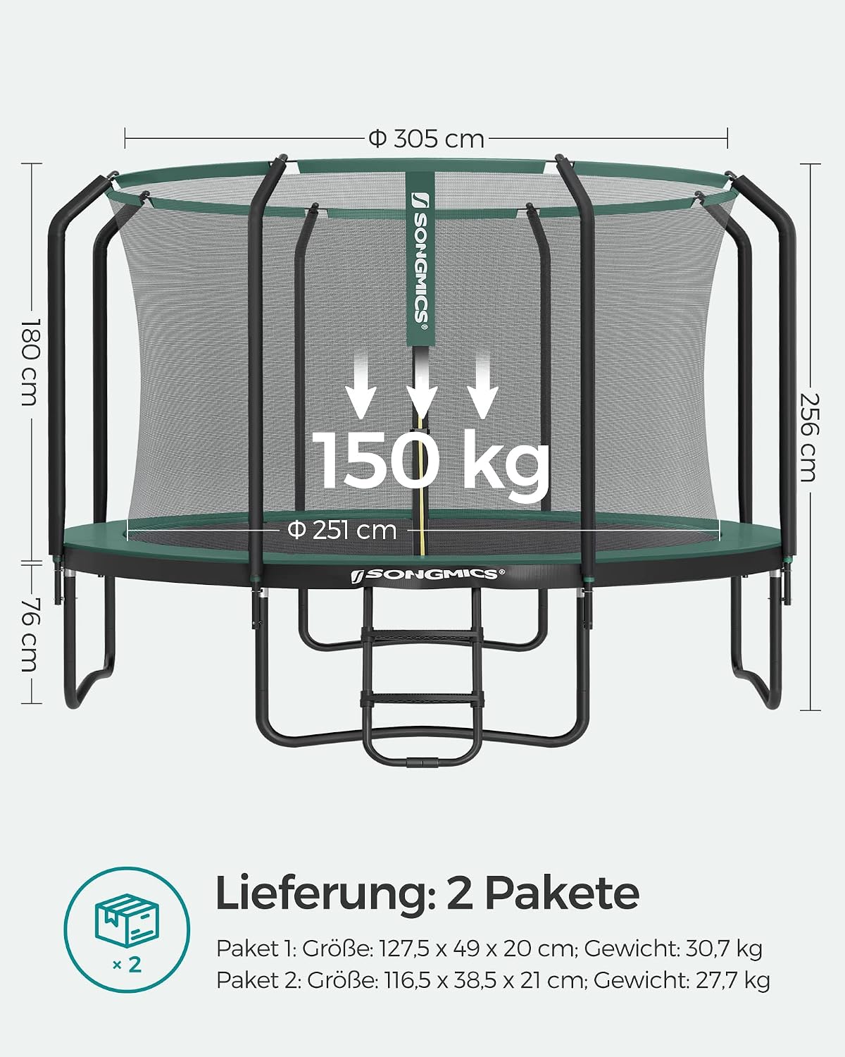 SONGMICS Trampolin Outdoor Kindertrampolin Ø 244/305/366/427 cm, rundes Gartentrampolin Sicherheitsnetz und Leiter, Randabdeckung, gepolstertes Gestell