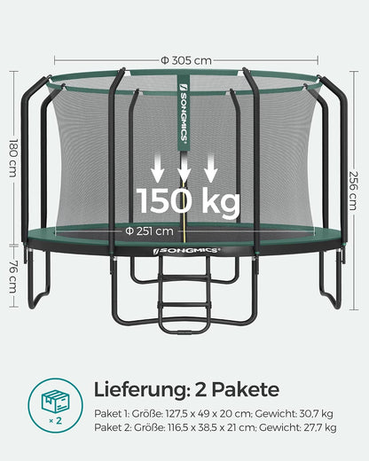 SONGMICS Trampolin Outdoor Kindertrampolin Ø 244/305/366/427 cm, rundes Gartentrampolin Sicherheitsnetz und Leiter, Randabdeckung, gepolstertes Gestell
