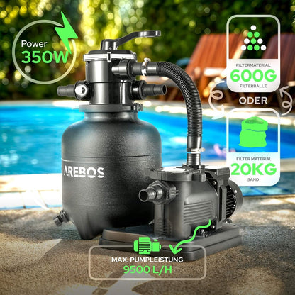 Arebos Sandfilteranlage mit Pumpe inkl. 600g Filterbälle | 350W | 9500 L/h | Tankvolumen bis zu 20 kg Sand | 7 - Wege Ventil mit Griff | mit Druckmanometer | Poolfilter | Blau