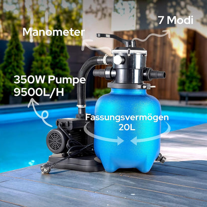 Arebos Sandfilteranlage mit Pumpe inkl. 600g Filterbälle | 350W | 9500 L/h | Tankvolumen bis zu 20 kg Sand | 7 - Wege Ventil mit Griff | mit Druckmanometer | Poolfilter | Blau