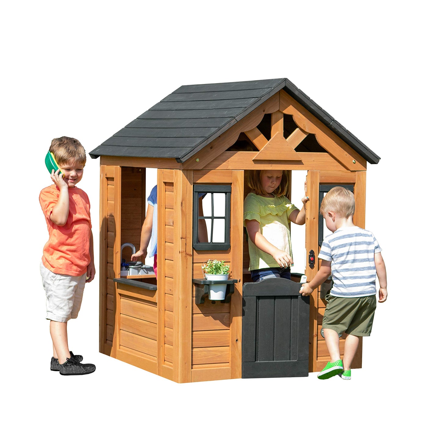 Backyard Discovery Spielhaus Sweetwater aus Holz | Outdoor Kinderspielhaus für den Garten inklusive Zubehör | Gartenhaus für Kinder mit Fenstern in Weiß & Anthrazit