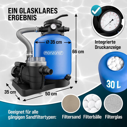 MONZANA Sandfilteranlage SF96K 9.600L/h bis 30.000L Pool | inkl. 1kg Filterbälle, 7 Wege Ventil, 2in1 Adapter, Ø32-38mm, 450W Filteranlage, Pumpe, Filterkessel, 25 Liter Tank