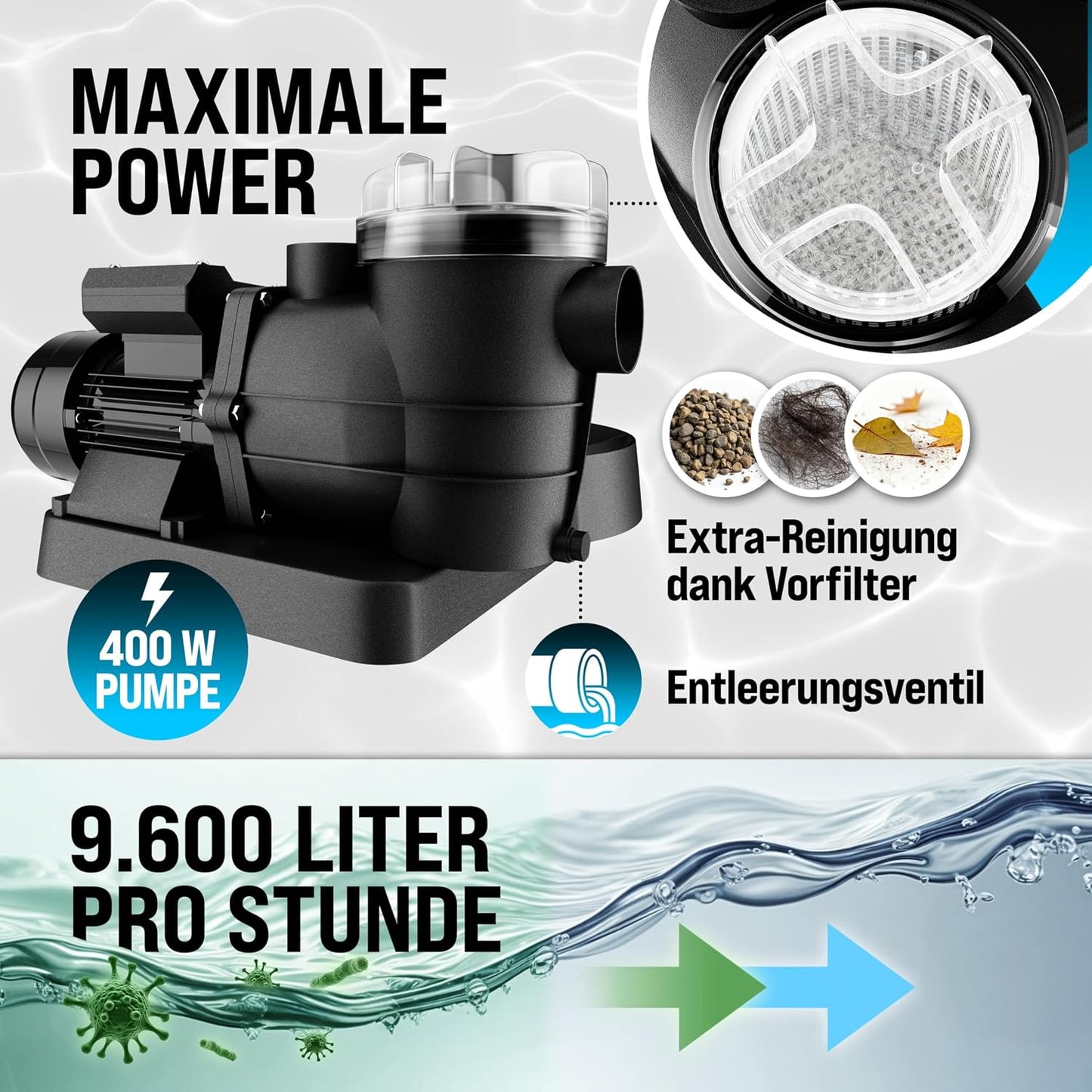 MONZANA Sandfilteranlage SF96K 9.600L/h bis 30.000L Pool | inkl. 1kg Filterbälle, 7 Wege Ventil, 2in1 Adapter, Ø32-38mm, 450W Filteranlage, Pumpe, Filterkessel, 25 Liter Tank