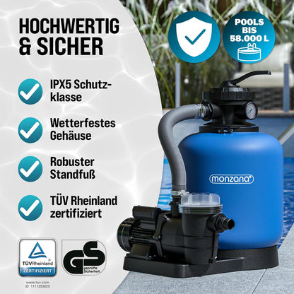 MONZANA Sandfilteranlage SF96K 9.600L/h bis 30.000L Pool | inkl. 1kg Filterbälle, 7 Wege Ventil, 2in1 Adapter, Ø32-38mm, 450W Filteranlage, Pumpe, Filterkessel, 25 Liter Tank