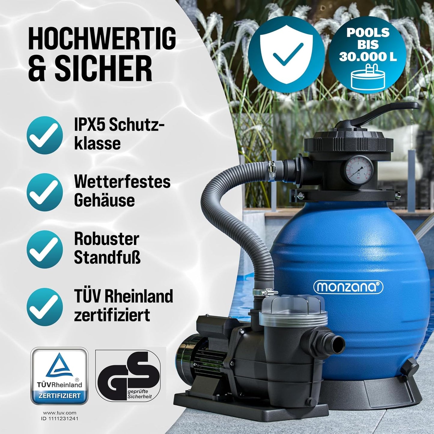 MONZANA Sandfilteranlage SF96K 9.600L/h bis 30.000L Pool | inkl. 1kg Filterbälle, 7 Wege Ventil, 2in1 Adapter, Ø32-38mm, 450W Filteranlage, Pumpe, Filterkessel, 25 Liter Tank