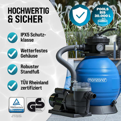 MONZANA Sandfilteranlage SF96K 9.600L/h bis 30.000L Pool | inkl. 1kg Filterbälle, 7 Wege Ventil, 2in1 Adapter, Ø32-38mm, 450W Filteranlage, Pumpe, Filterkessel, 25 Liter Tank