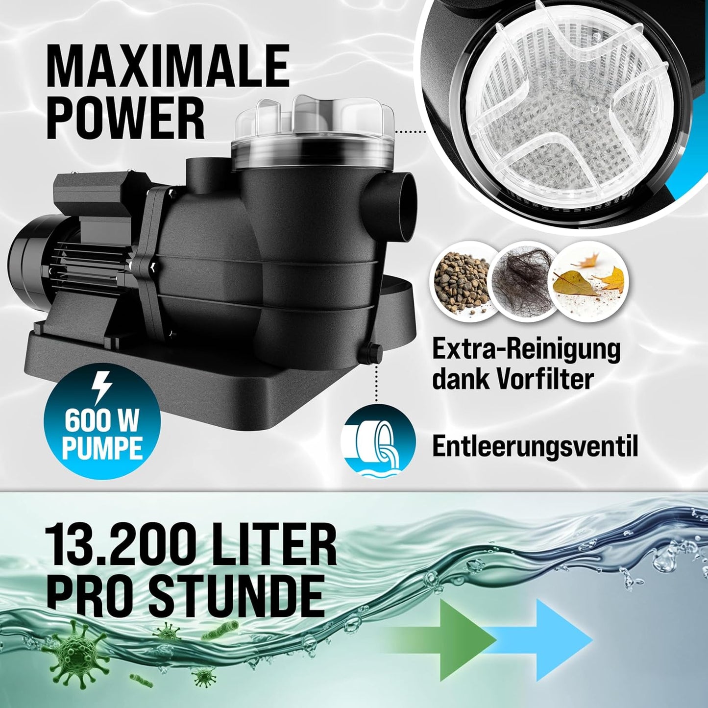 MONZANA Sandfilteranlage SF96K 9.600L/h bis 30.000L Pool | inkl. 1kg Filterbälle, 7 Wege Ventil, 2in1 Adapter, Ø32-38mm, 450W Filteranlage, Pumpe, Filterkessel, 25 Liter Tank