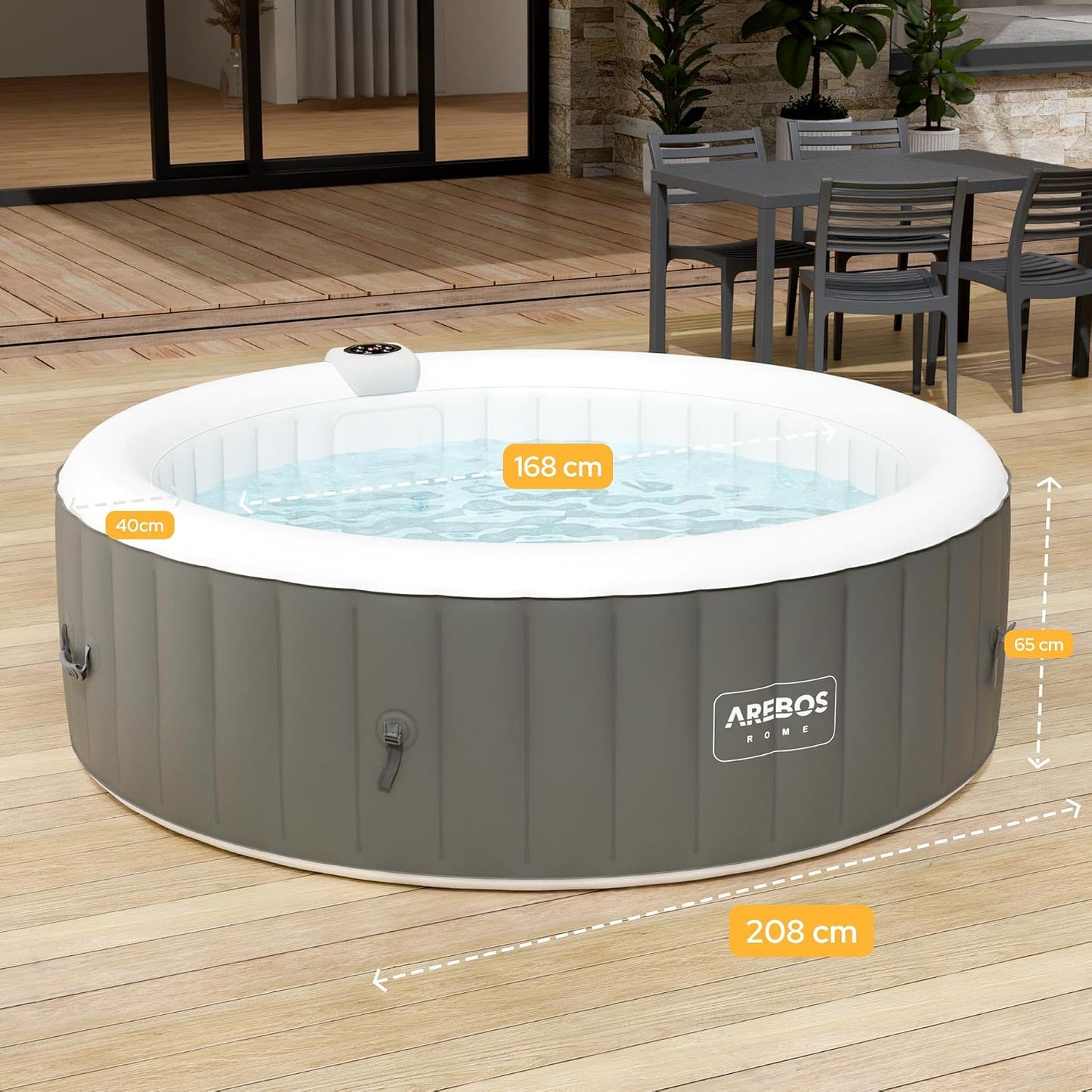 Arebos Whirlpool | aufblasbar | In- & Outdoor | 6 Personen | ⌀ 208 cm | 130 Massagedüsen | mit Heizung | 1.000 Liter | Inkl. Abdeckung | Bubble Spa & Wellness Massage