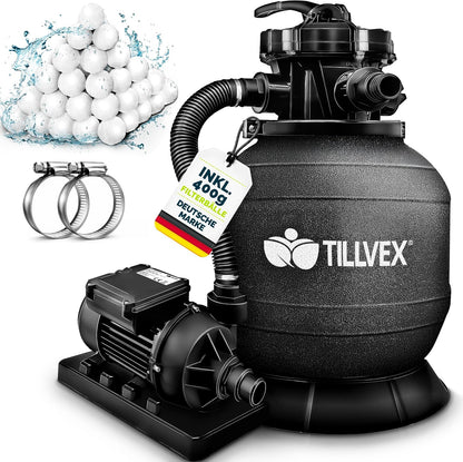 tillvex® Sandfilteranlage Pool 7.900L/h + 400g Filterbälle & 7-Wege Ventil | Filteranlage mit 2in1 Adapter Ø32 - 38mm | Sandfilter Poolfilteranlage Selbstansaugend | Poolfilter mit Druckanzeige & Pumpe
