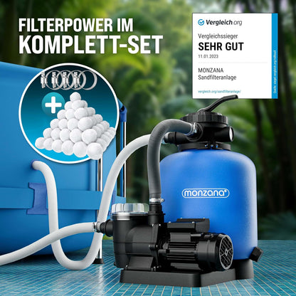 MONZANA Sandfilteranlage SF96K 9.600L/h bis 30.000L Pool | inkl. 1kg Filterbälle, 7 Wege Ventil, 2in1 Adapter, Ø32-38mm, 450W Filteranlage, Pumpe, Filterkessel, 25 Liter Tank