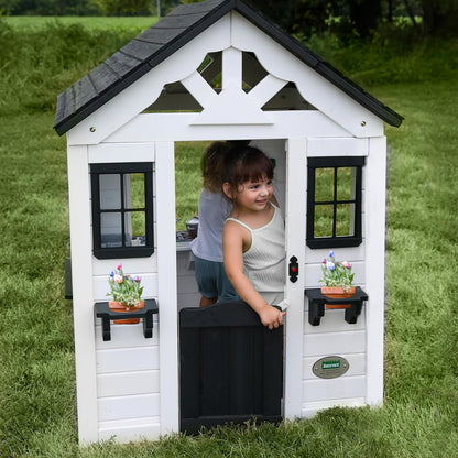 Backyard Discovery Spielhaus Sweetwater aus Holz | Outdoor Kinderspielhaus für den Garten inklusive Zubehör | Gartenhaus für Kinder mit Fenstern in Weiß & Anthrazit