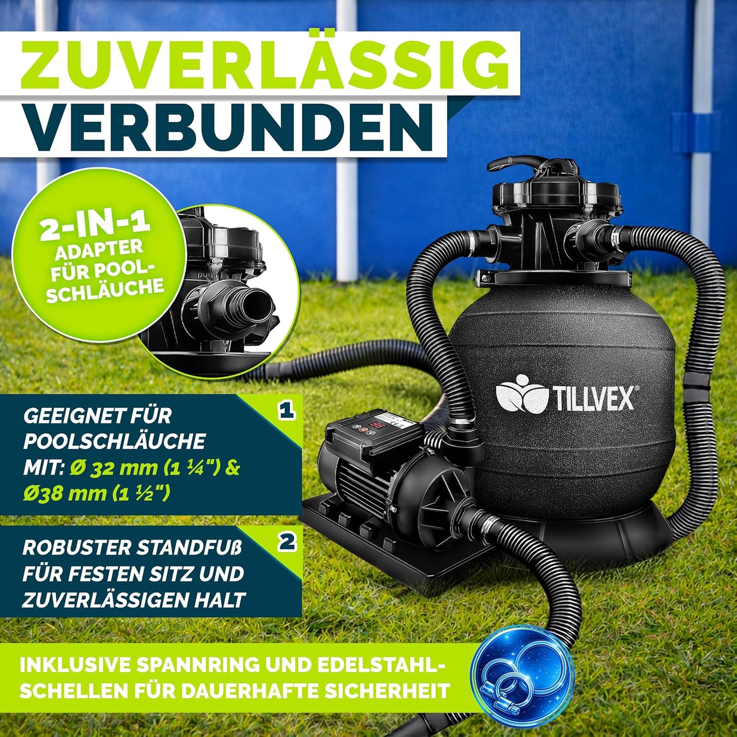 tillvex® Sandfilteranlage Pool 7.900L/h + 400g Filterbälle & 7-Wege Ventil | Filteranlage mit 2in1 Adapter Ø32 - 38mm | Sandfilter Poolfilteranlage Selbstansaugend | Poolfilter mit Druckanzeige & Pumpe