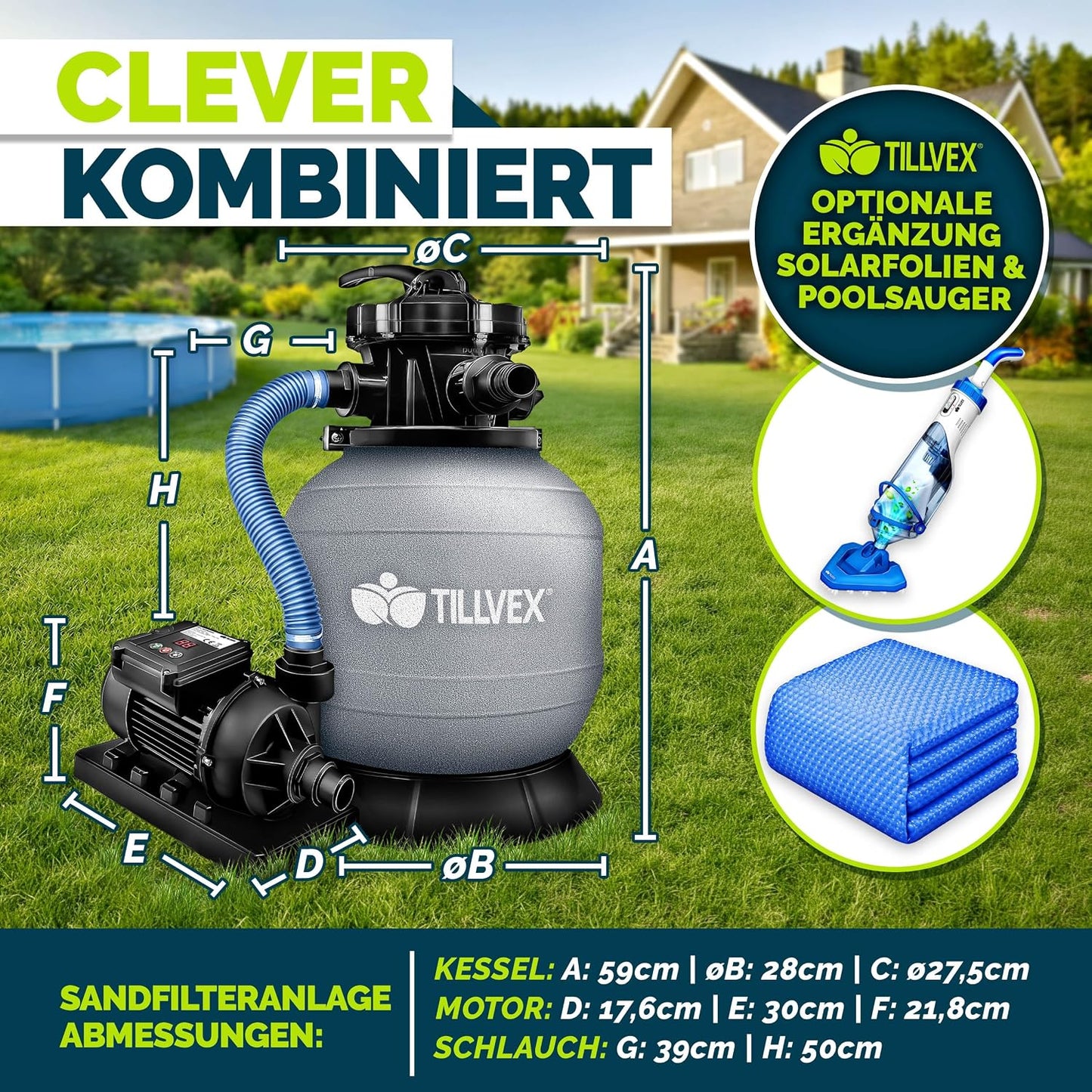 tillvex® Sandfilteranlage Pool 7.900L/h + 400g Filterbälle & 7-Wege Ventil | Filteranlage mit 2in1 Adapter Ø32 - 38mm | Sandfilter Poolfilteranlage Selbstansaugend | Poolfilter mit Druckanzeige & Pumpe