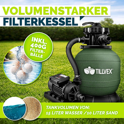 tillvex® Sandfilteranlage Pool 7.900L/h + 400g Filterbälle & 7-Wege Ventil | Filteranlage mit 2in1 Adapter Ø32 - 38mm | Sandfilter Poolfilteranlage Selbstansaugend | Poolfilter mit Druckanzeige & Pumpe