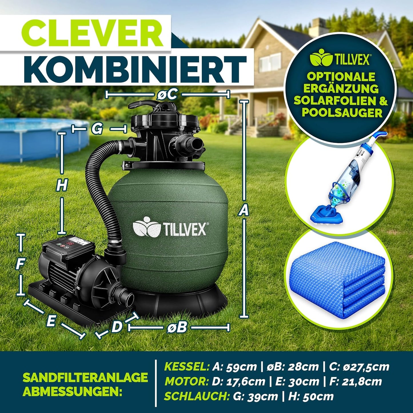 tillvex® Sandfilteranlage Pool 7.900L/h + 400g Filterbälle & 7-Wege Ventil | Filteranlage mit 2in1 Adapter Ø32 - 38mm | Sandfilter Poolfilteranlage Selbstansaugend | Poolfilter mit Druckanzeige & Pumpe