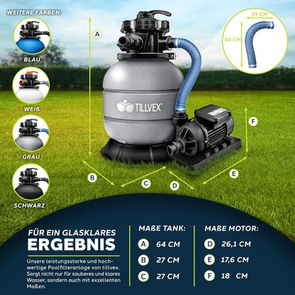 tillvex® Sandfilteranlage Pool 7.900L/h + 400g Filterbälle & 7-Wege Ventil | Filteranlage mit 2in1 Adapter Ø32 - 38mm | Sandfilter Poolfilteranlage Selbstansaugend | Poolfilter mit Druckanzeige & Pumpe
