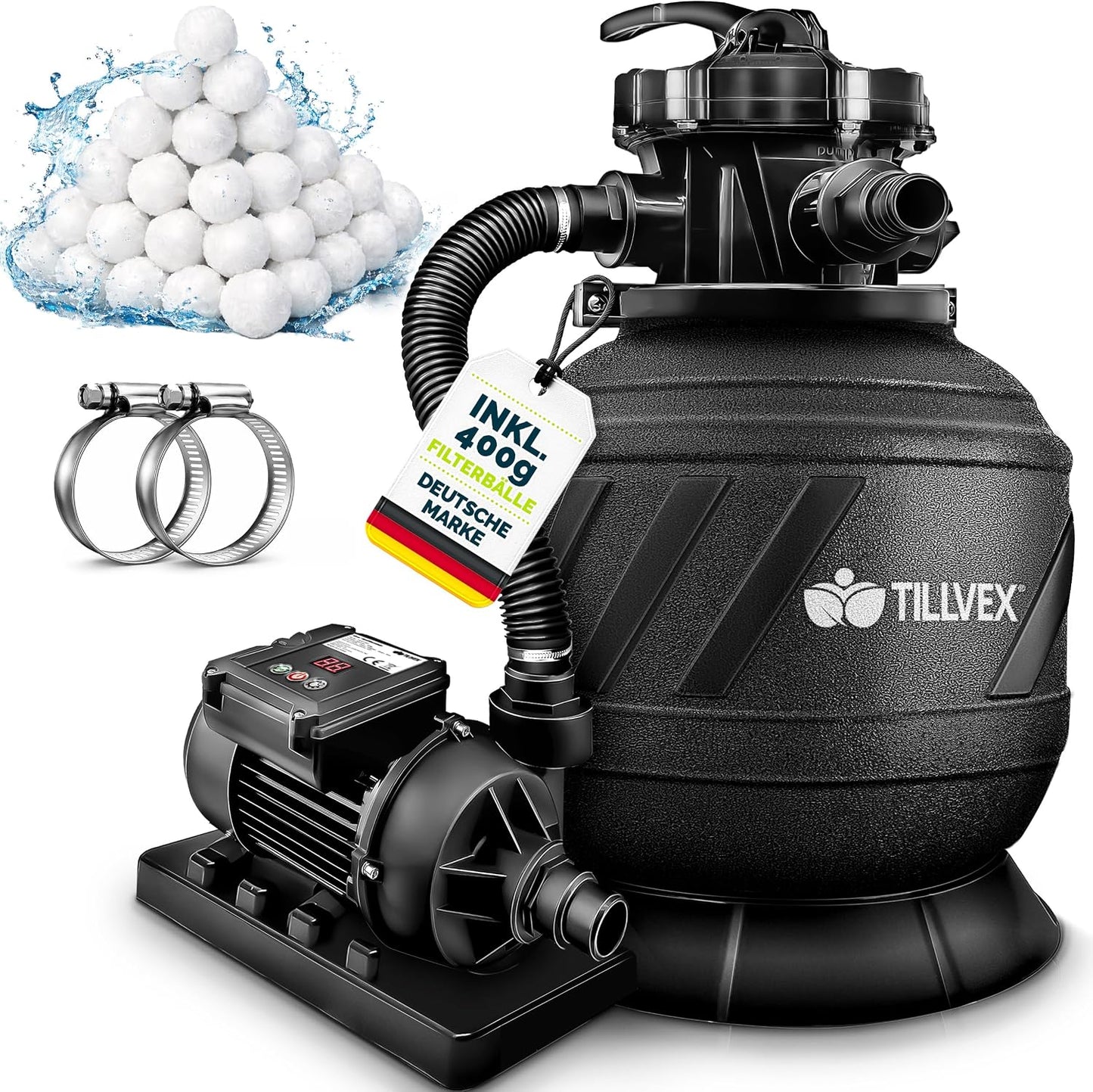 tillvex® Sandfilteranlage Pool 7.900L/h + 400g Filterbälle & 7-Wege Ventil | Filteranlage mit 2in1 Adapter Ø32 - 38mm | Sandfilter Poolfilteranlage Selbstansaugend | Poolfilter mit Druckanzeige & Pumpe