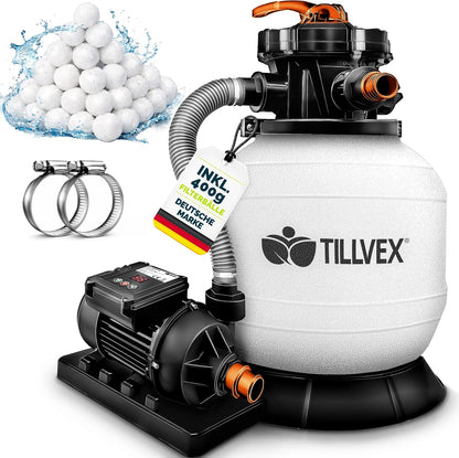 tillvex® Sandfilteranlage Pool 7.900L/h + 400g Filterbälle & 7-Wege Ventil | Filteranlage mit 2in1 Adapter Ø32 - 38mm | Sandfilter Poolfilteranlage Selbstansaugend | Poolfilter mit Druckanzeige & Pumpe