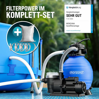 MONZANA Sandfilteranlage SF96K 9.600L/h bis 30.000L Pool | inkl. 1kg Filterbälle, 7 Wege Ventil, 2in1 Adapter, Ø32-38mm, 450W Filteranlage, Pumpe, Filterkessel, 25 Liter Tank