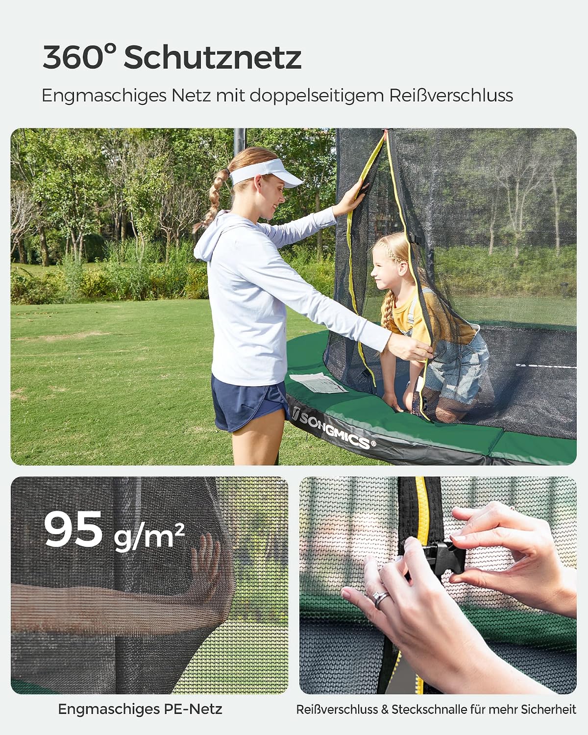 SONGMICS Trampolin Outdoor Kindertrampolin Ø 244/305/366/427 cm, rundes Gartentrampolin Sicherheitsnetz und Leiter, Randabdeckung, gepolstertes Gestell
