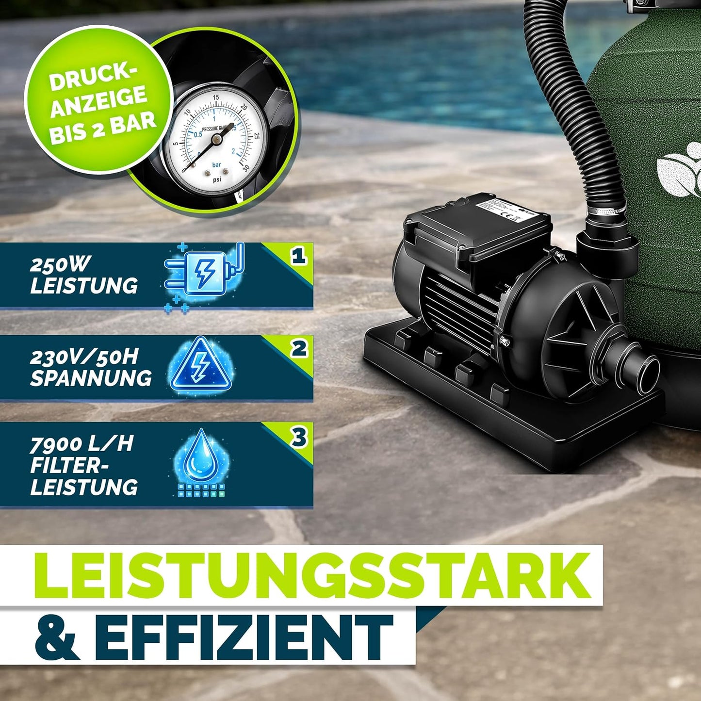 tillvex® Sandfilteranlage Pool 7.900L/h + 400g Filterbälle & 7-Wege Ventil | Filteranlage mit 2in1 Adapter Ø32 - 38mm | Sandfilter Poolfilteranlage Selbstansaugend | Poolfilter mit Druckanzeige & Pumpe