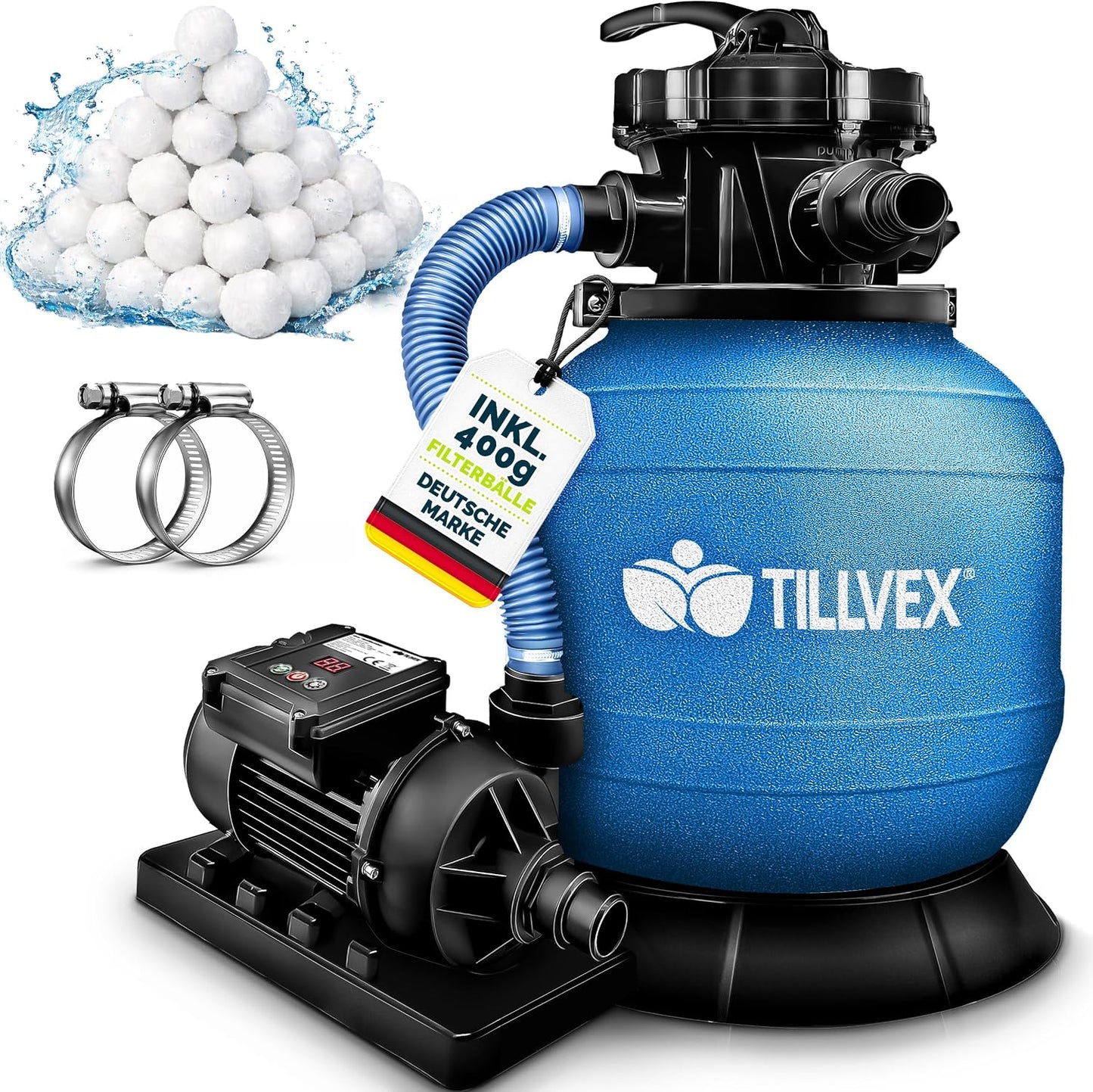 tillvex® Sandfilteranlage Pool 7.900L/h + 400g Filterbälle & 7-Wege Ventil | Filteranlage mit 2in1 Adapter Ø32 - 38mm | Sandfilter Poolfilteranlage Selbstansaugend | Poolfilter mit Druckanzeige & Pumpe