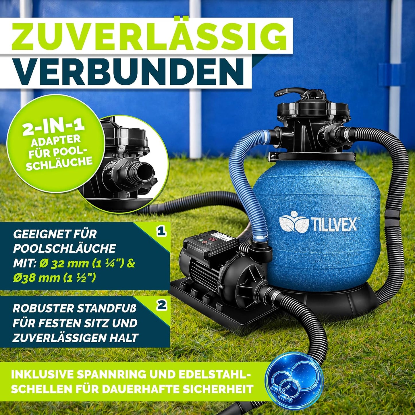 tillvex® Sandfilteranlage Pool 7.900L/h + 400g Filterbälle & 7-Wege Ventil | Filteranlage mit 2in1 Adapter Ø32 - 38mm | Sandfilter Poolfilteranlage Selbstansaugend | Poolfilter mit Druckanzeige & Pumpe