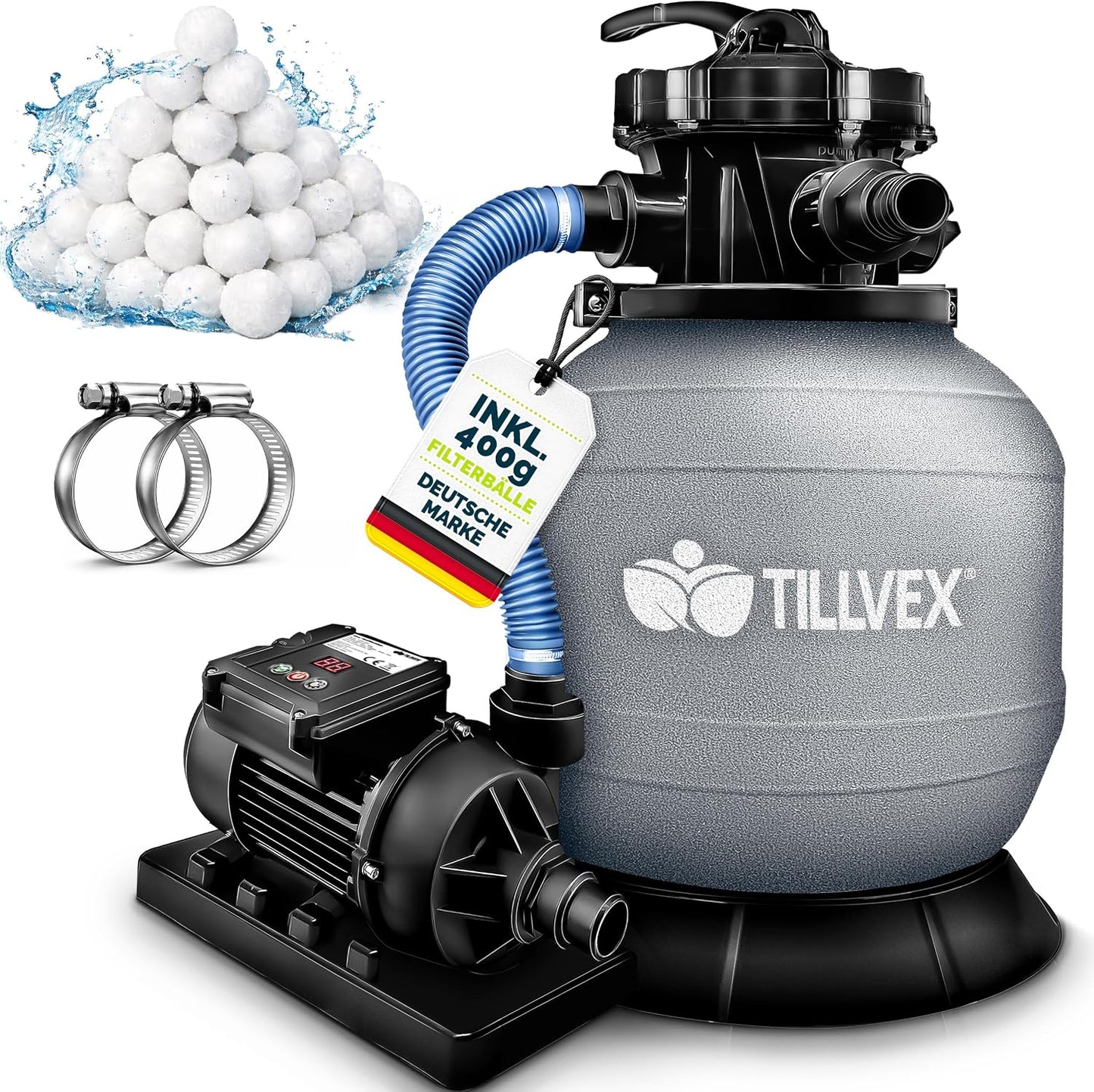 tillvex® Sandfilteranlage Pool 7.900L/h + 400g Filterbälle & 7-Wege Ventil | Filteranlage mit 2in1 Adapter Ø32 - 38mm | Sandfilter Poolfilteranlage Selbstansaugend | Poolfilter mit Druckanzeige & Pumpe