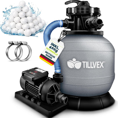 tillvex® Sandfilteranlage Pool 7.900L/h + 400g Filterbälle & 7-Wege Ventil | Filteranlage mit 2in1 Adapter Ø32 - 38mm | Sandfilter Poolfilteranlage Selbstansaugend | Poolfilter mit Druckanzeige & Pumpe