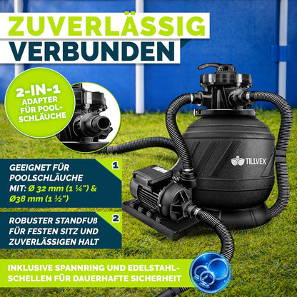 tillvex® Sandfilteranlage Pool 7.900L/h + 400g Filterbälle & 7-Wege Ventil | Filteranlage mit 2in1 Adapter Ø32 - 38mm | Sandfilter Poolfilteranlage Selbstansaugend | Poolfilter mit Druckanzeige & Pumpe