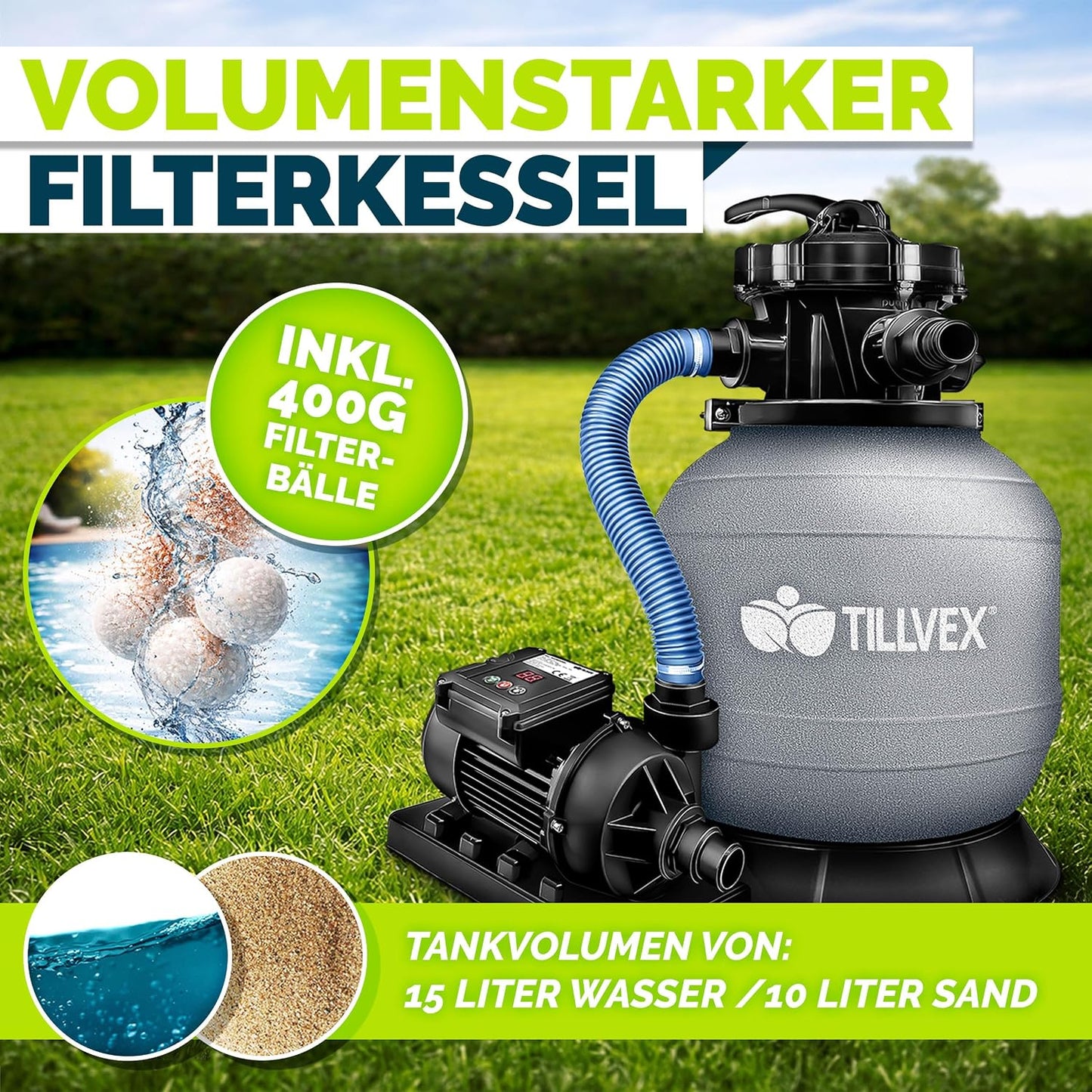 tillvex® Sandfilteranlage Pool 7.900L/h + 400g Filterbälle & 7-Wege Ventil | Filteranlage mit 2in1 Adapter Ø32 - 38mm | Sandfilter Poolfilteranlage Selbstansaugend | Poolfilter mit Druckanzeige & Pumpe