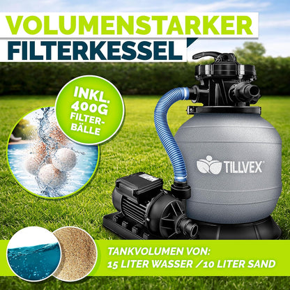 tillvex® Sandfilteranlage Pool 7.900L/h + 400g Filterbälle & 7-Wege Ventil | Filteranlage mit 2in1 Adapter Ø32 - 38mm | Sandfilter Poolfilteranlage Selbstansaugend | Poolfilter mit Druckanzeige & Pumpe