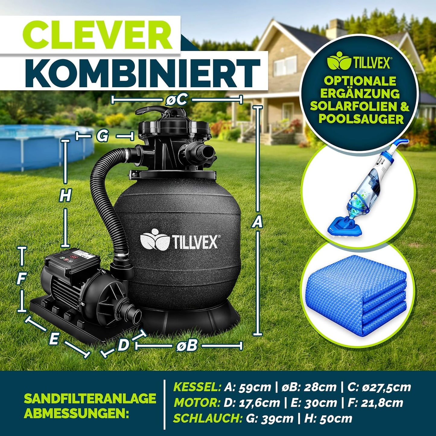 tillvex® Sandfilteranlage Pool 7.900L/h + 400g Filterbälle & 7-Wege Ventil | Filteranlage mit 2in1 Adapter Ø32 - 38mm | Sandfilter Poolfilteranlage Selbstansaugend | Poolfilter mit Druckanzeige & Pumpe