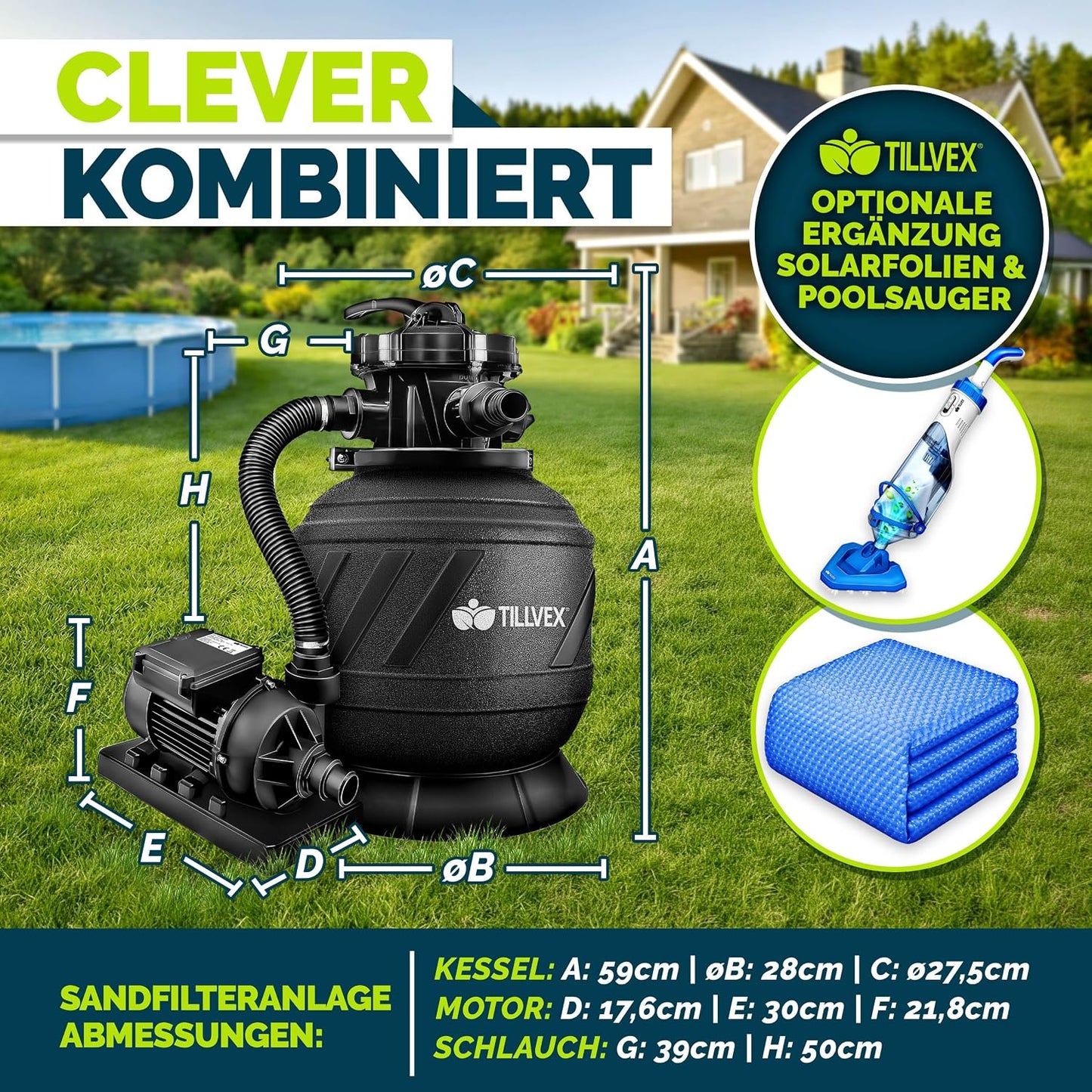 tillvex® Sandfilteranlage Pool 7.900L/h + 400g Filterbälle & 7-Wege Ventil | Filteranlage mit 2in1 Adapter Ø32 - 38mm | Sandfilter Poolfilteranlage Selbstansaugend | Poolfilter mit Druckanzeige & Pumpe