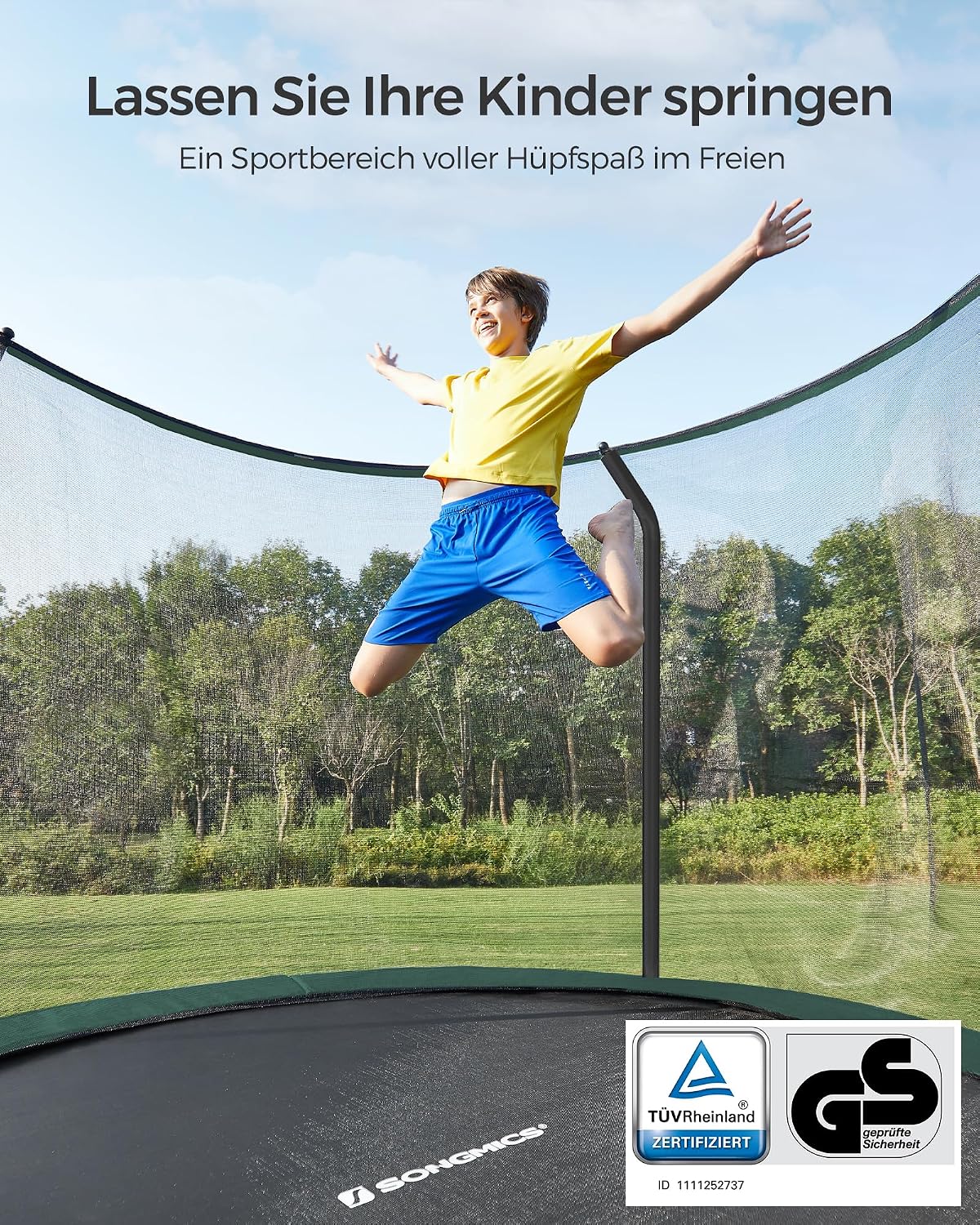 SONGMICS Trampolin Outdoor Kindertrampolin Ø 244/305/366/427 cm, rundes Gartentrampolin Sicherheitsnetz und Leiter, Randabdeckung, gepolstertes Gestell