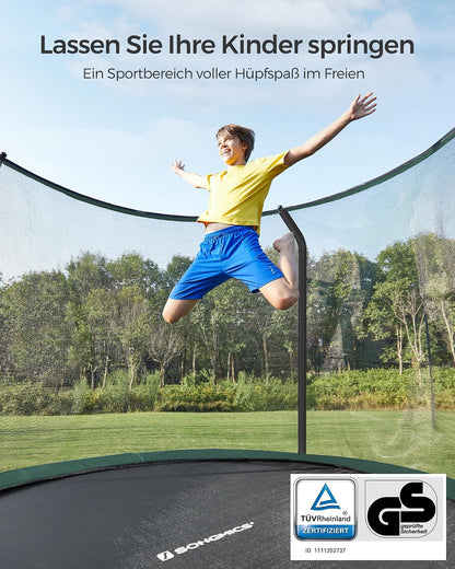 SONGMICS Trampolin Outdoor Kindertrampolin Ø 244/305/366/427 cm, rundes Gartentrampolin Sicherheitsnetz und Leiter, Randabdeckung, gepolstertes Gestell