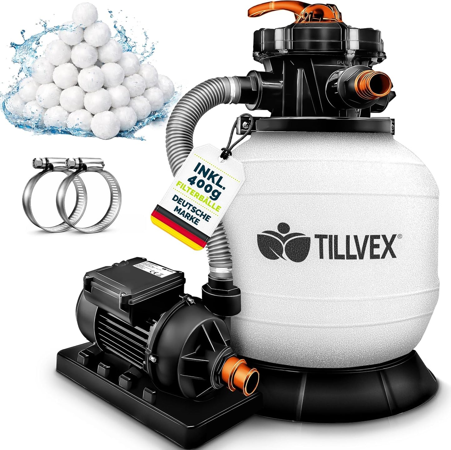 tillvex® Sandfilteranlage Pool 7.900L/h + 400g Filterbälle & 7-Wege Ventil | Filteranlage mit 2in1 Adapter Ø32 - 38mm | Sandfilter Poolfilteranlage Selbstansaugend | Poolfilter mit Druckanzeige & Pumpe