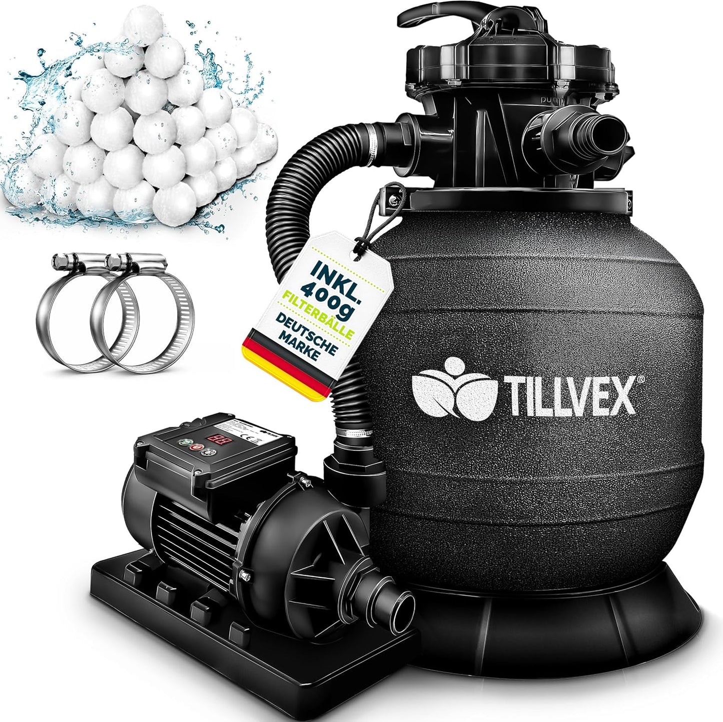 tillvex® Sandfilteranlage Pool 7.900L/h + 400g Filterbälle & 7-Wege Ventil | Filteranlage mit 2in1 Adapter Ø32 - 38mm | Sandfilter Poolfilteranlage Selbstansaugend | Poolfilter mit Druckanzeige & Pumpe