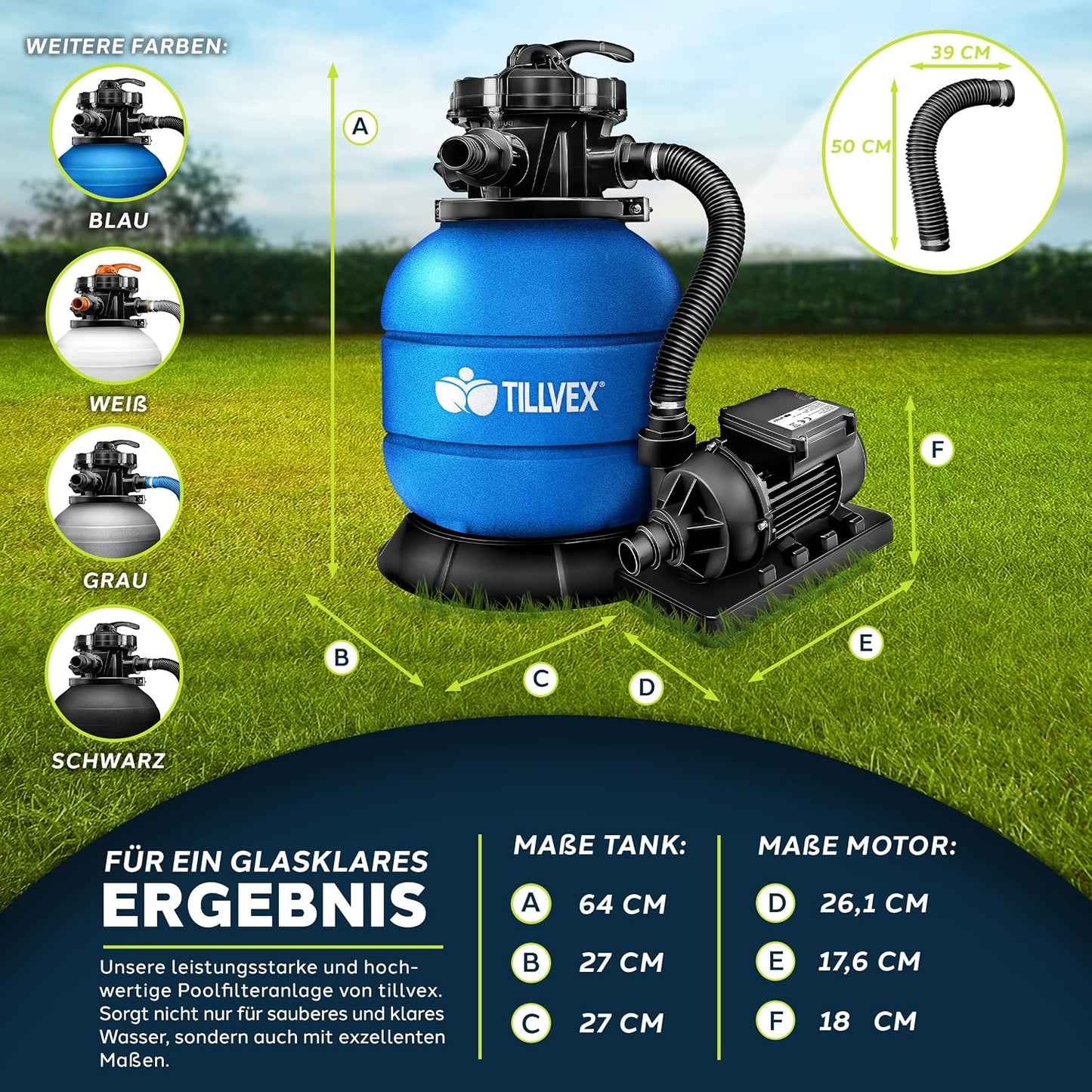 tillvex® Sandfilteranlage Pool 7.900L/h + 400g Filterbälle & 7-Wege Ventil | Filteranlage mit 2in1 Adapter Ø32 - 38mm | Sandfilter Poolfilteranlage Selbstansaugend | Poolfilter mit Druckanzeige & Pumpe