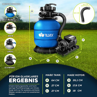 tillvex® Sandfilteranlage Pool 7.900L/h + 400g Filterbälle & 7-Wege Ventil | Filteranlage mit 2in1 Adapter Ø32 - 38mm | Sandfilter Poolfilteranlage Selbstansaugend | Poolfilter mit Druckanzeige & Pumpe